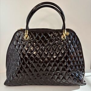 Marino Orlandi Italy Dark Brown Patent Leather Diamond Quilted Travel Tote Bag